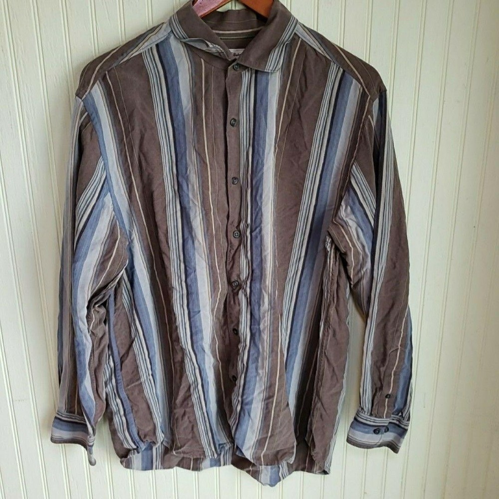 Tommy Bahama Shirt Mens Large Brown Stripe Tencel Lyocell Long Sleeve Button-Up